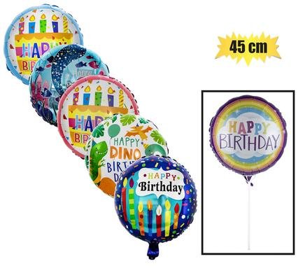 Balloon w/stick air rnd bday asstd 45cm