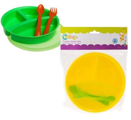 Cooey feeding plate pl 3-div w/cutlery