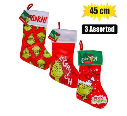 Xmas stocking grinch 45cm 3 asstd