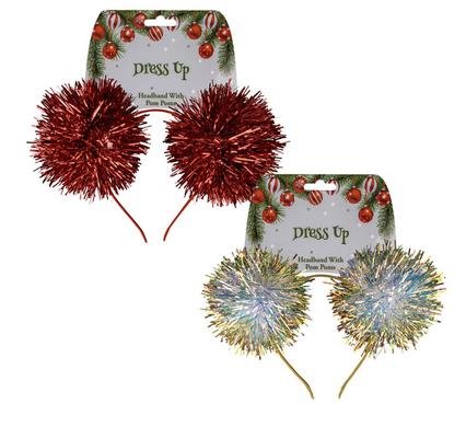 Xmas dress up headband w/pompoms asstd