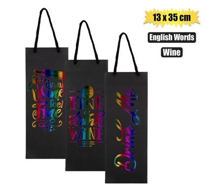 Gift-bag ppr wine eng words 13x35cm blk